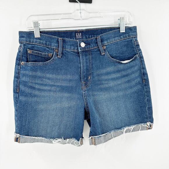 GAP Denim Medium Wash Cotton Zip Fly Folded Frayed Hem Denim Shorts Size 28 - Picture 1 of 12